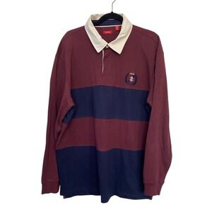 IZOD Rugby Varsity Long Sleeve Polo Shirt Burgundy & Blue Striped Crest LogoXL‎